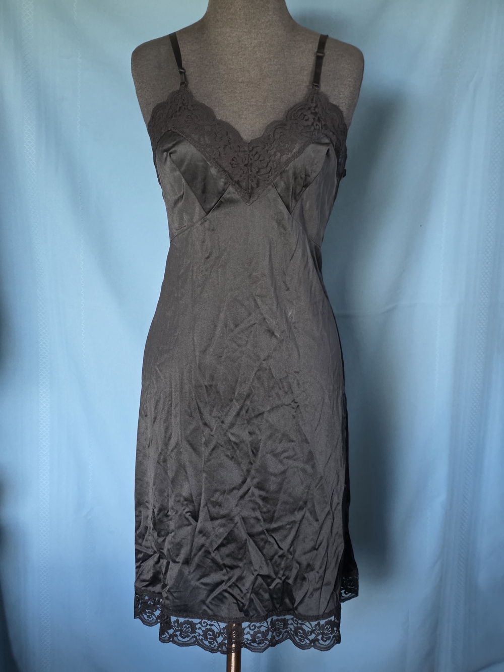 Vtg 60s 70s Wonder Maid Black Nylon Lace Full Slip Dress Size 36 Coquette